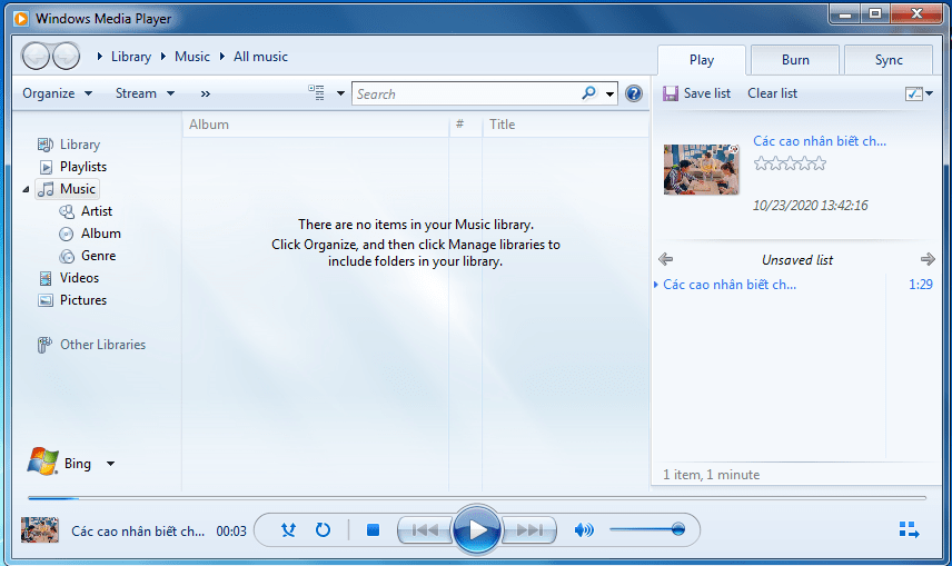 Phần mềm xem video Windows Media Player
