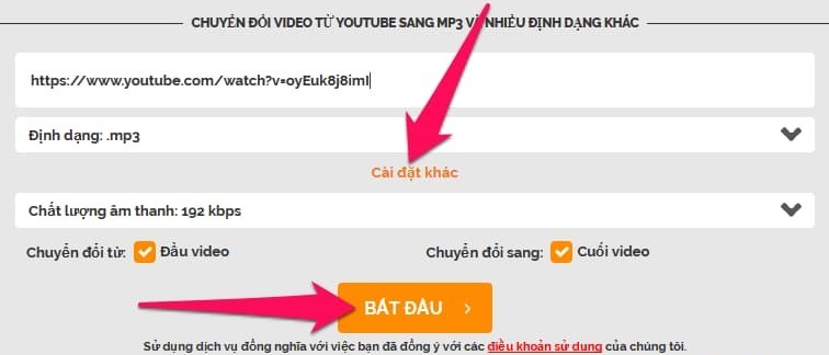 Nhấn bắt đầu để tải mp3 từ Youtube về máy tính