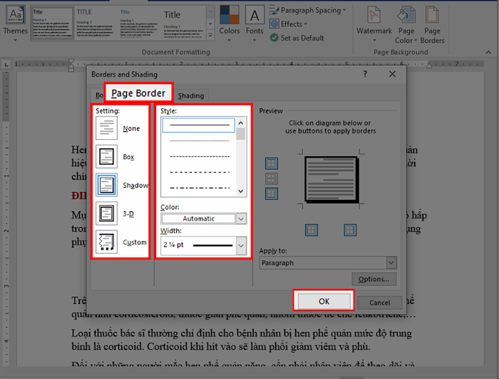 Tạo khung viền trong word với thẻ Page Border