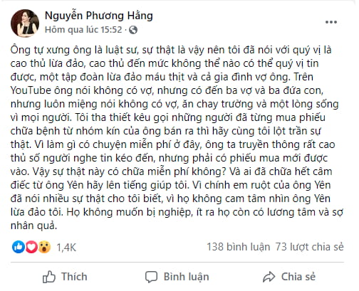 bà Hằng - vợ đại gia Dũng lò vôi tố lương y Võ Hoàng Yên lừa đảo trên facebook