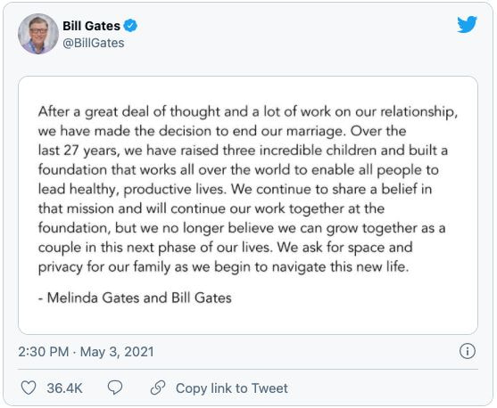 Thông báo tỷ phú Bill Gates và vợ ly hôn trên Twitter ngày 3/5